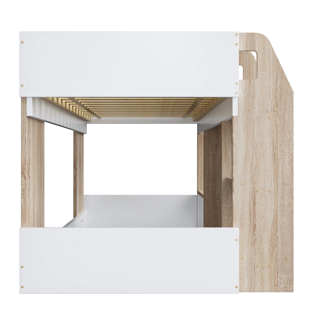 OKWISH Letto a soppalco 90×200 cm, Letto Singolo con Scala Ampia, Contenitore e Vani, senza Materasso, in Legno, Bianco Naturale