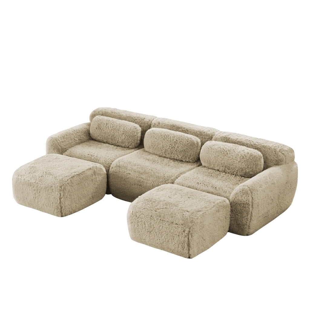 Divano Modulare a U ¨C Xylo ¨C Tessuto Peluche, con Cuscini, Chiaro