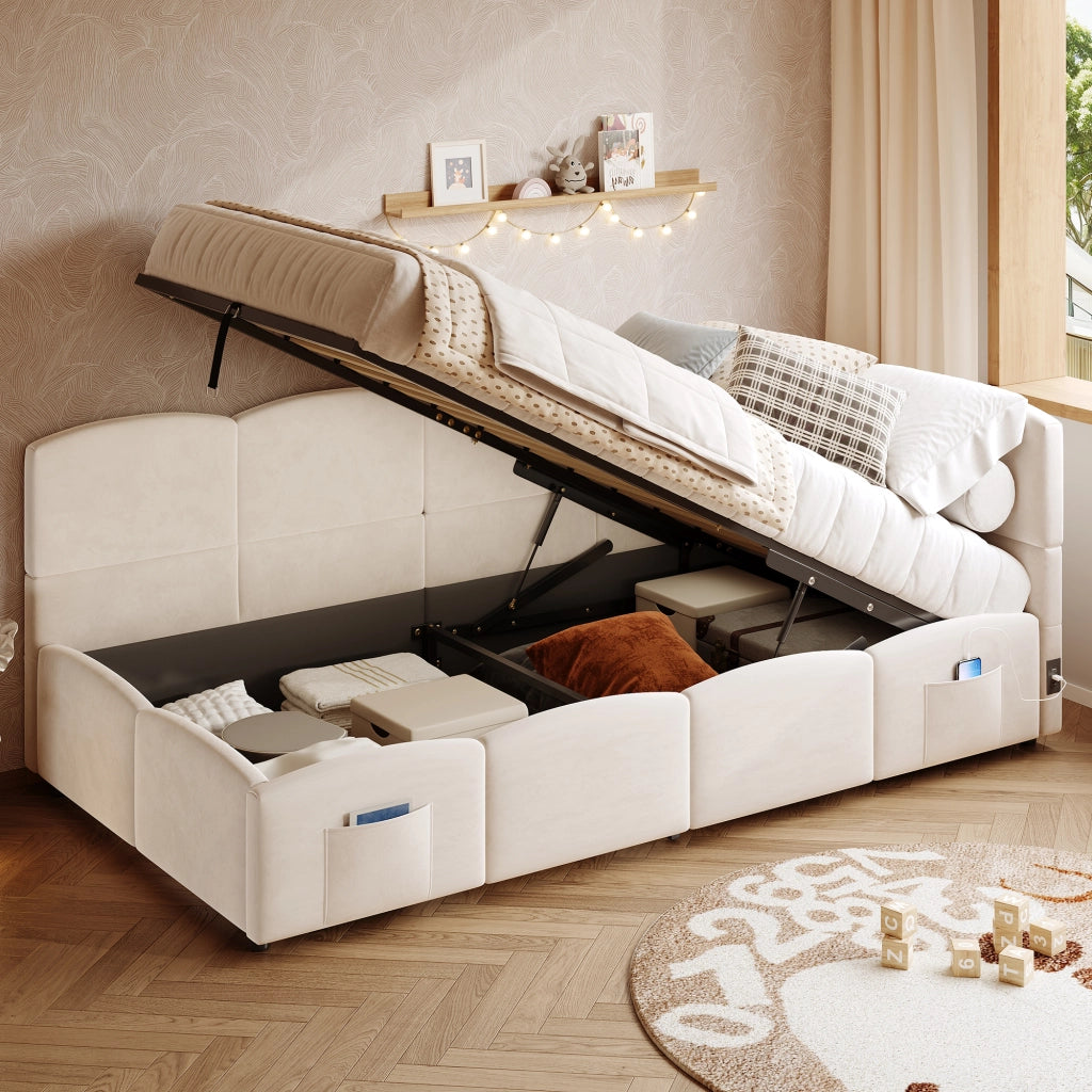 Divano letto singolo – 90x200 cm – contenitore USB tasche – velluto beige