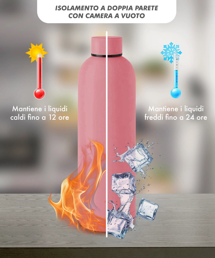 Borraccia Termica 1 Litro Bottiglia Acciaio Inox Inossidabile Doppio Strato 1000 Ml Tappo Antigoccia Doppia Camera Bevande Calde Fredde Termos Sistema Sottovuoto Rivestimento Soft Touch  - Rosa