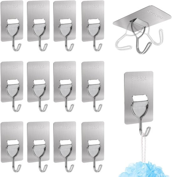 Ferramenta per Parete Extra Resistente - Self-Leverante - Acciaio Inossidabile - Set di 12 - Per Cucina/Bagno/Ufficio