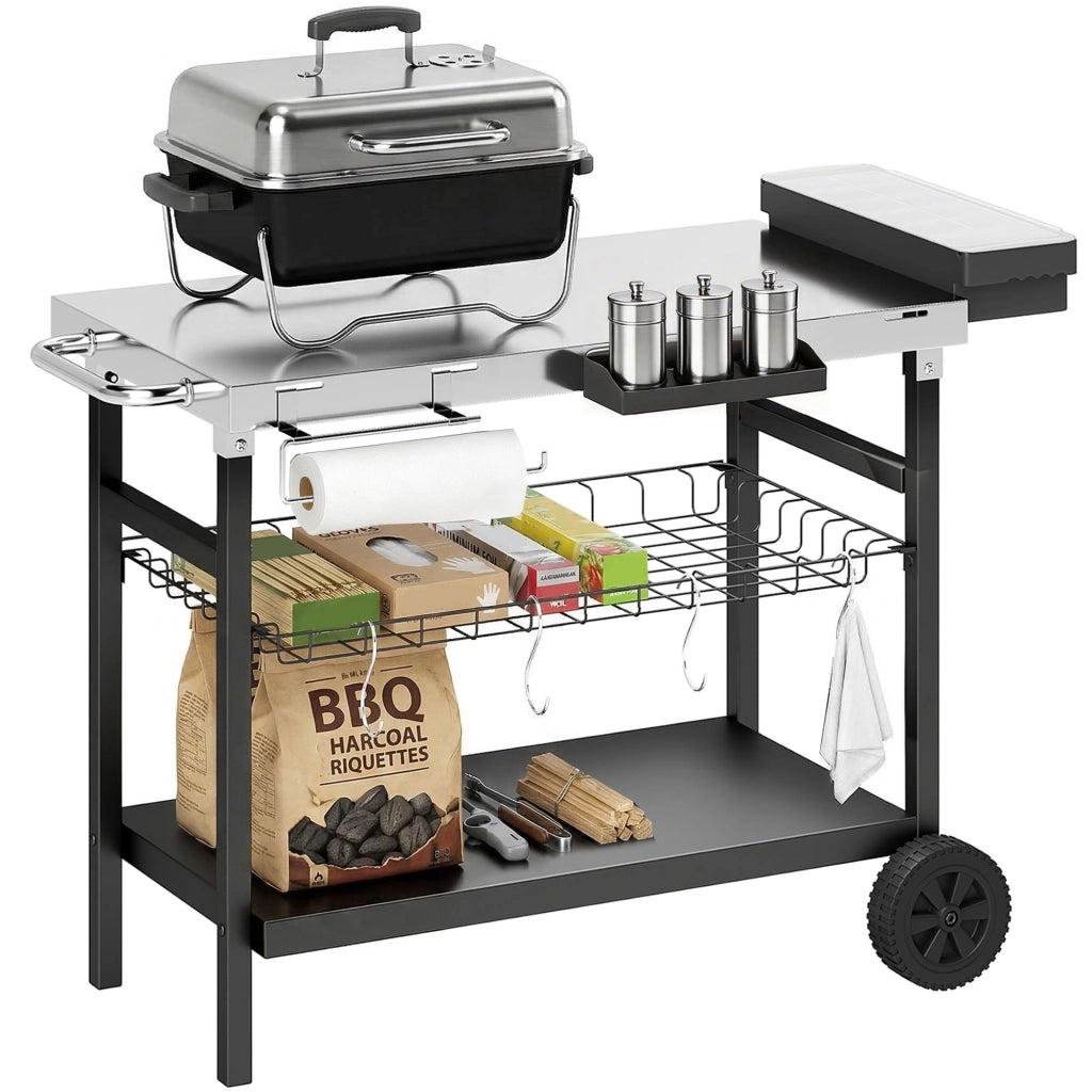 Carrello Barbecue da Esterno con Piano in Acciaio Inossidabile, Porta Spezie, Ganci e Maniglia Laterale, Nero
