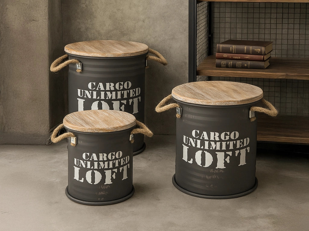 Set 3 Pouf Contenitori In Acciaio SgabellO Tavolino Caffè Salotto Design Moderno Cargo Unlimited Impilabili Salvaspazio Arredo Soggiorno Camera Coperchio Legno Vintage  Antracite