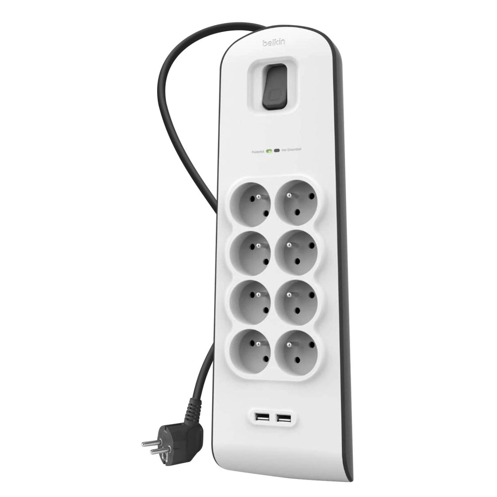 Ciabatta 8 Prese + 2 USB 2,4A Protezione Fulmini con Cavo da 2m Bianco Belkin
