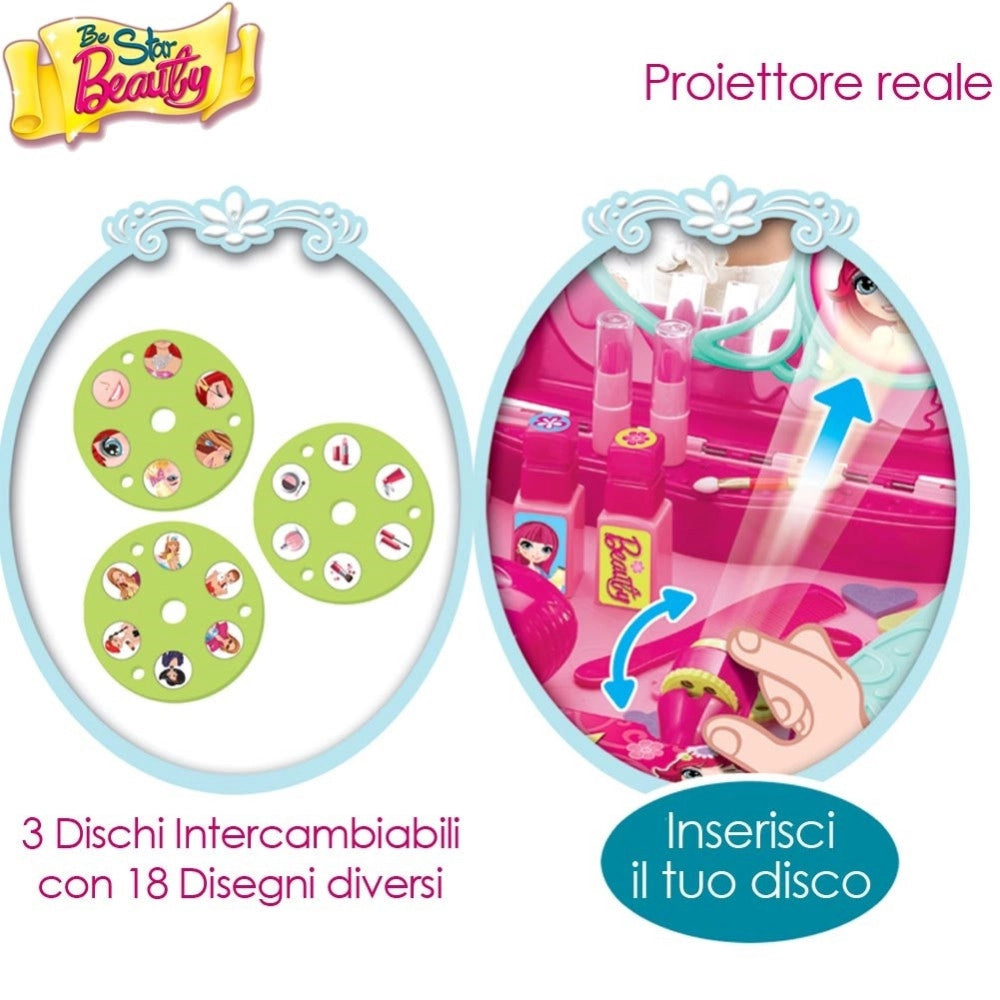 Trade Shop - Valigetta Proiettore Specchiera Centro Bellezza Per Bambine Giocattolo Portatile -