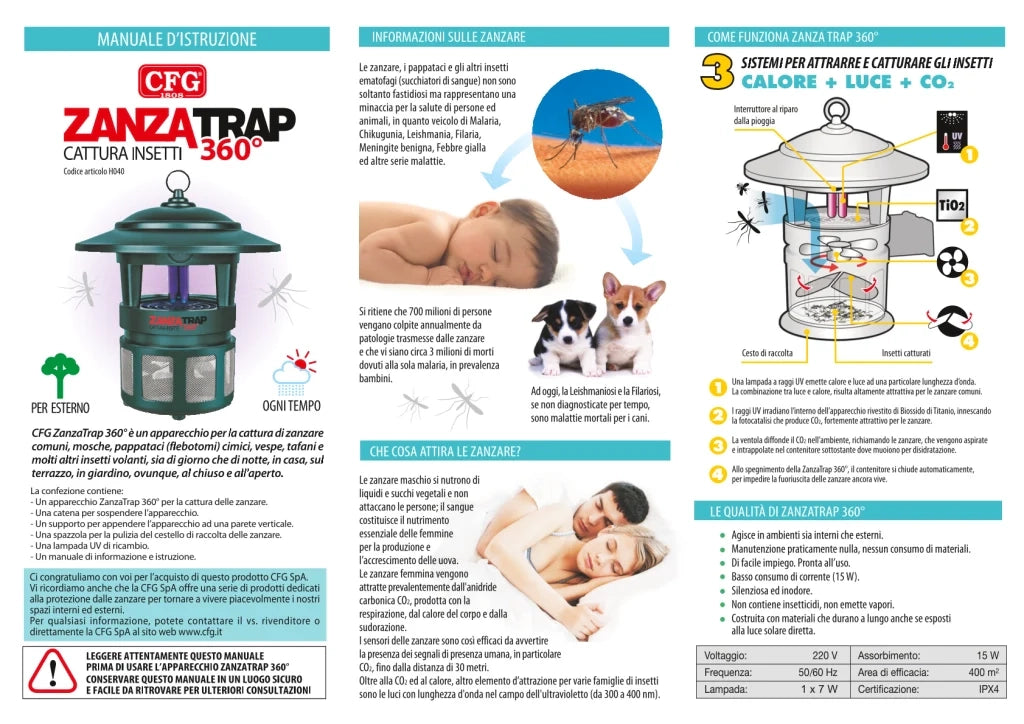 Trappola Zanzare Professionale UV 15W ZANZATRAP 360° CFG con CO₂ fino a 400 mq