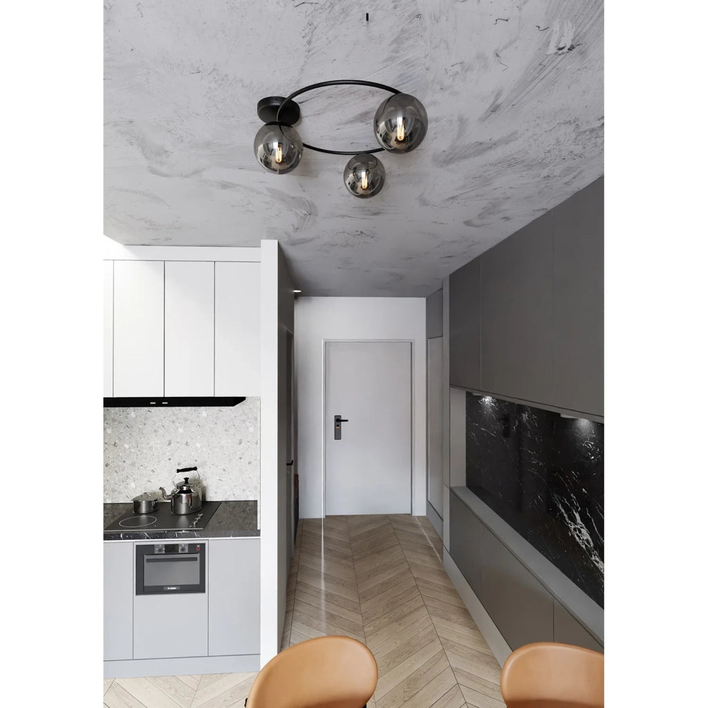Plafoniera Minimal 3 Luci Perseo In Acciaio Nero E Sfere In Vetro Fumè
