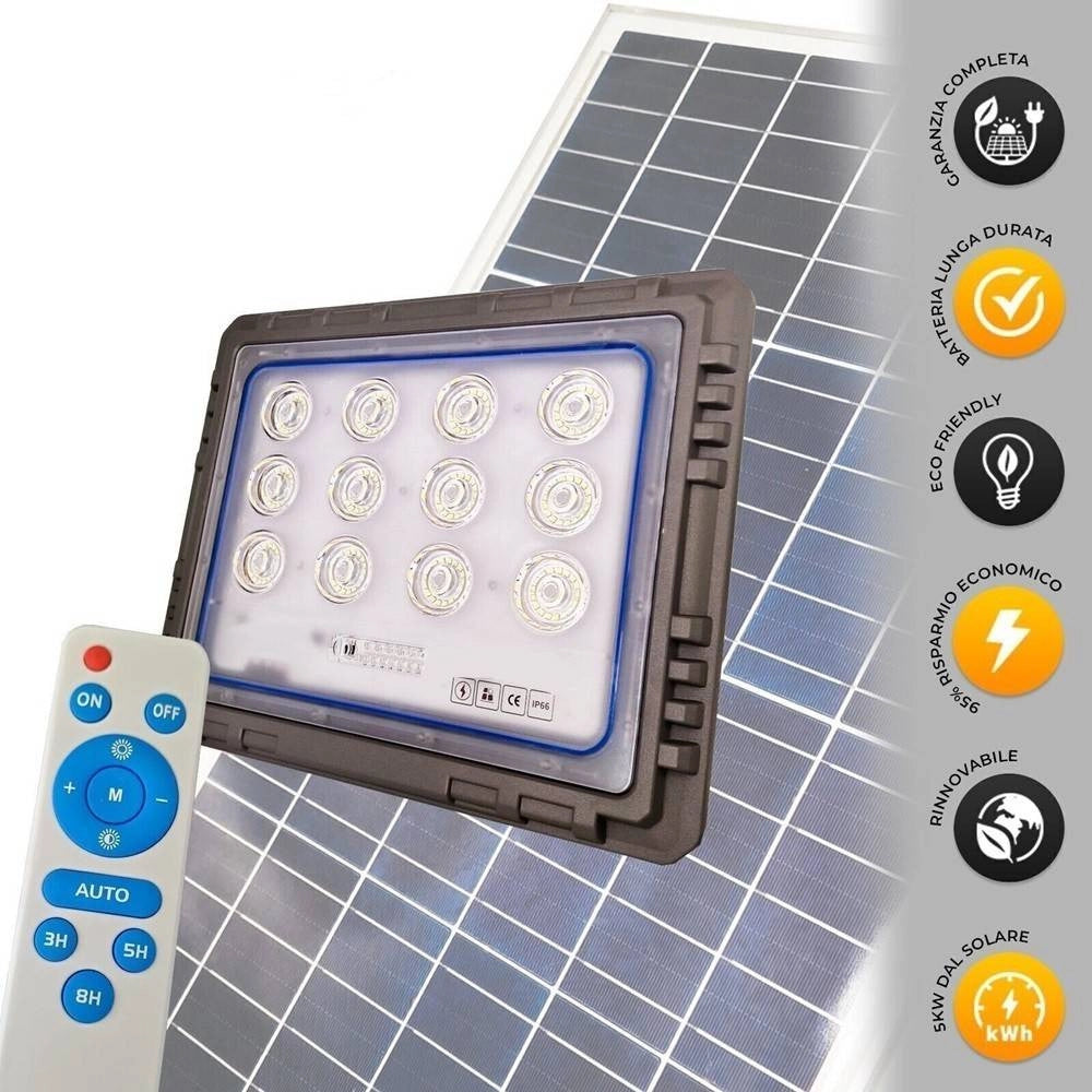 Trade Shop - Faro 100 Watt Con Pannello Solare Luce Forte Telecomando Batteria Lunga Durata -