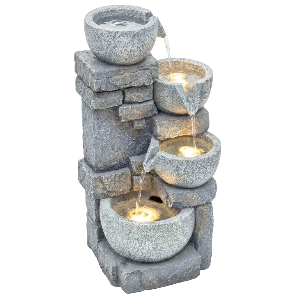 Fontana da Giardino 4 Livelli con LED ¨C Xylo ¨C Effetto Pietra Grigio 28x25x54,5 cm
