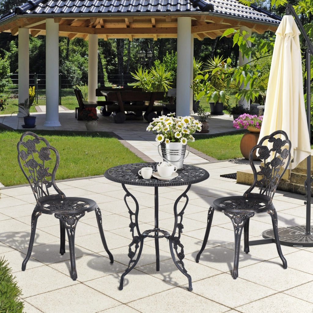OKWISHSet Bistrot da Giardino 3 Pezzi con Tavolo e 2 Sedie, Foro per Ombrellone, Metallo Bronzo
