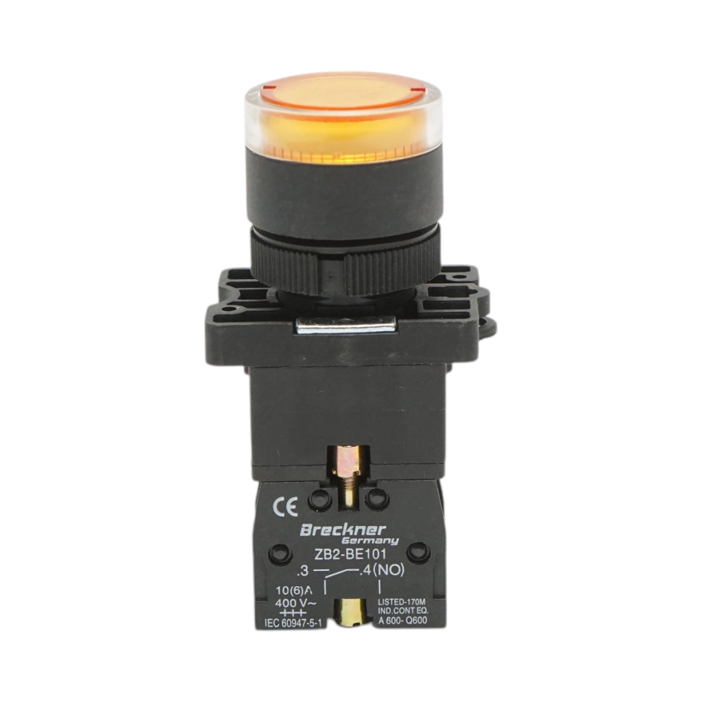 Pulsante indicatore LED giallo con resistenza integrata 1NO, 24V LAY5 Breckner Germany