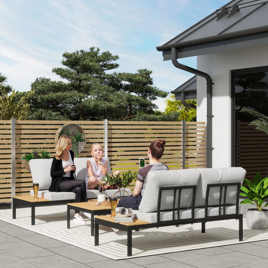 Set da Giardino 4 Pezzi con Divanetti e Tavolini ¨C zephmum ¨C Metallo, Legno Composito, Grigio Nero e Teak
