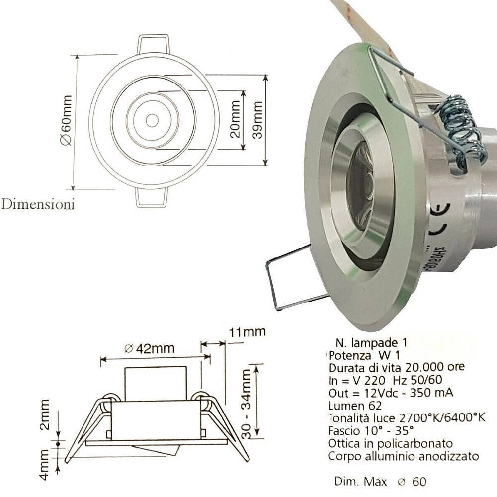 Trade Shop - Faretto Luce Calda A Led Mini 1 W Spot Orientabile Alette Segnapasso Con Driver -