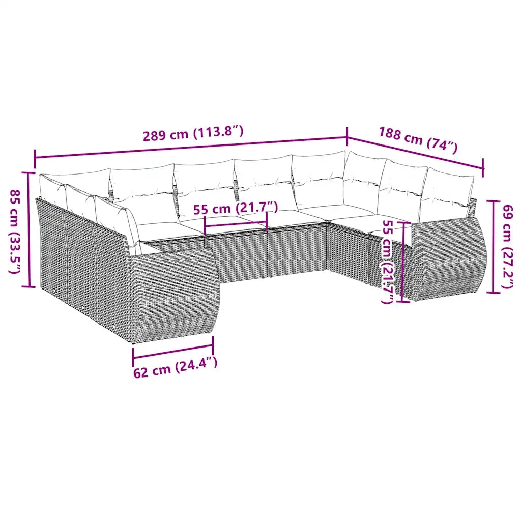 Set Divano da Giardino 9pz con Cuscini Grigio Chiaro Polyrattan