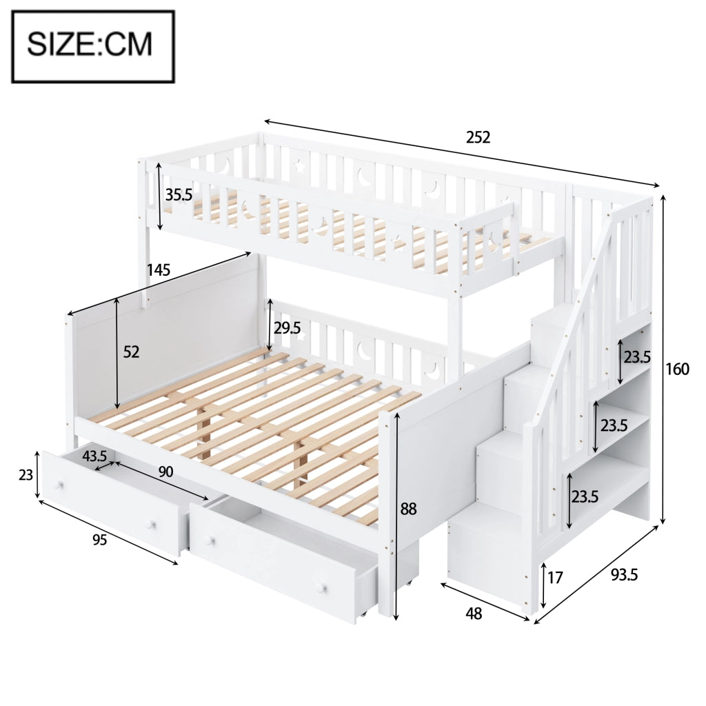 Letto a castello per bambini; 90x200cm e 140x200cm; legno massiccio; con scale di sicurezza; bianco