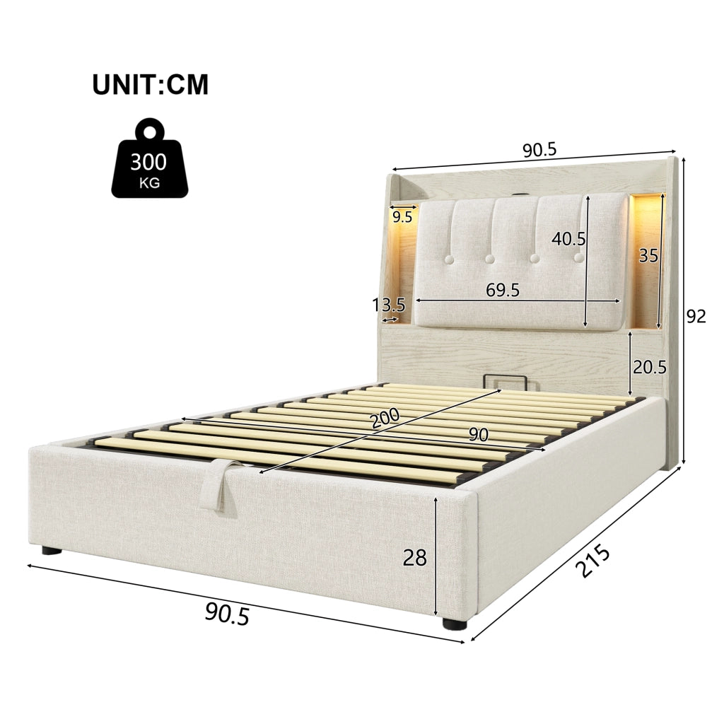 Letto singolo imbottito 90x200cm con ricarica LED e USB C in lino beige