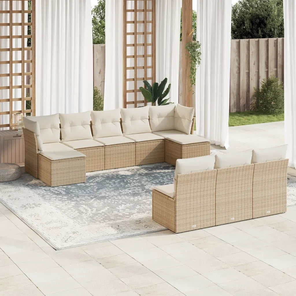 Set Divano da Giardino 10 pz con Cuscini Beige in Polyrattan