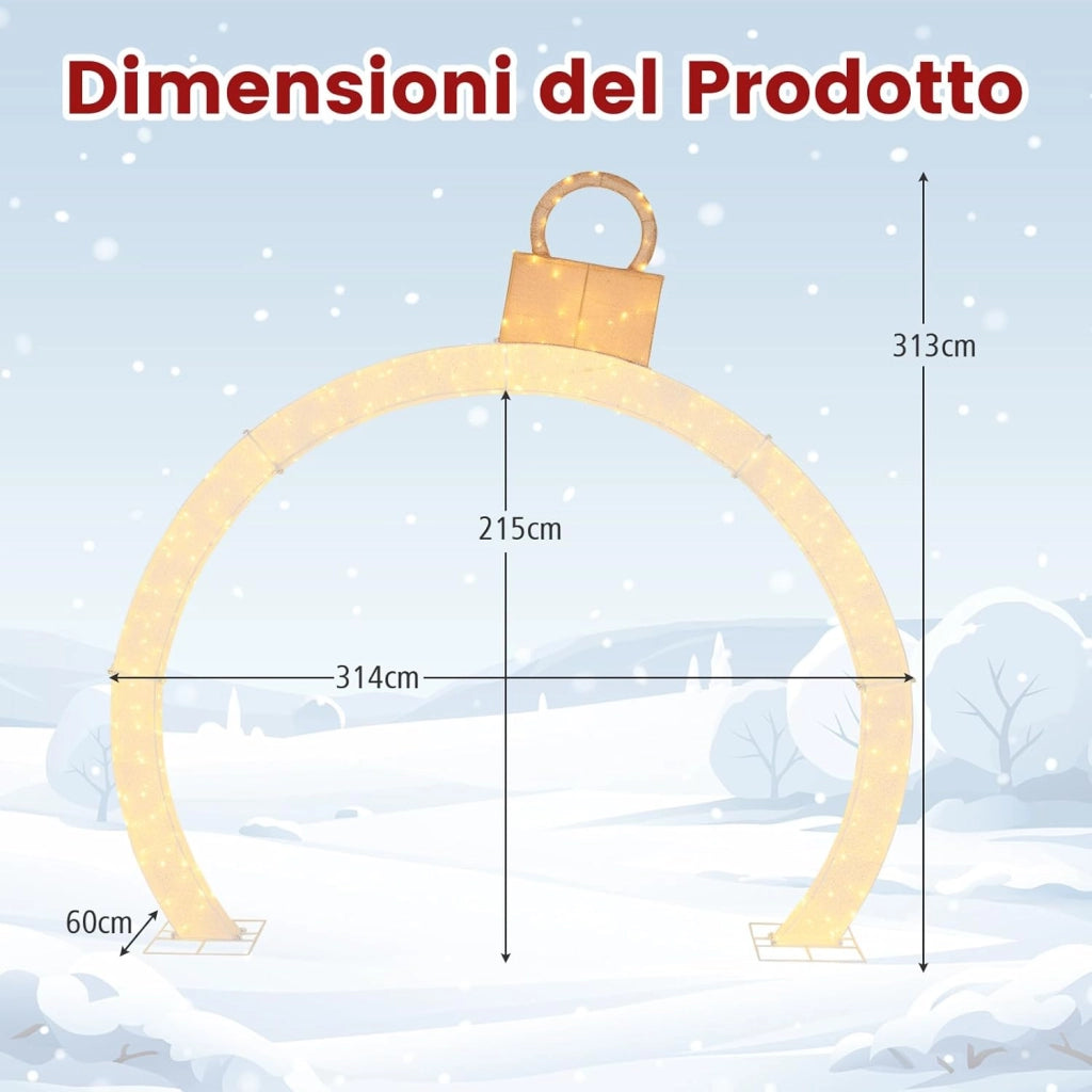 Arco di Natale Pre-Illuminato di 313 cm, Arco Festivo Illuminato con Cappello Ornamentale Dorato, 300 Luci LED Bianche Calde, Decorazione Natalizia per Giardino, Negozio e Cortile