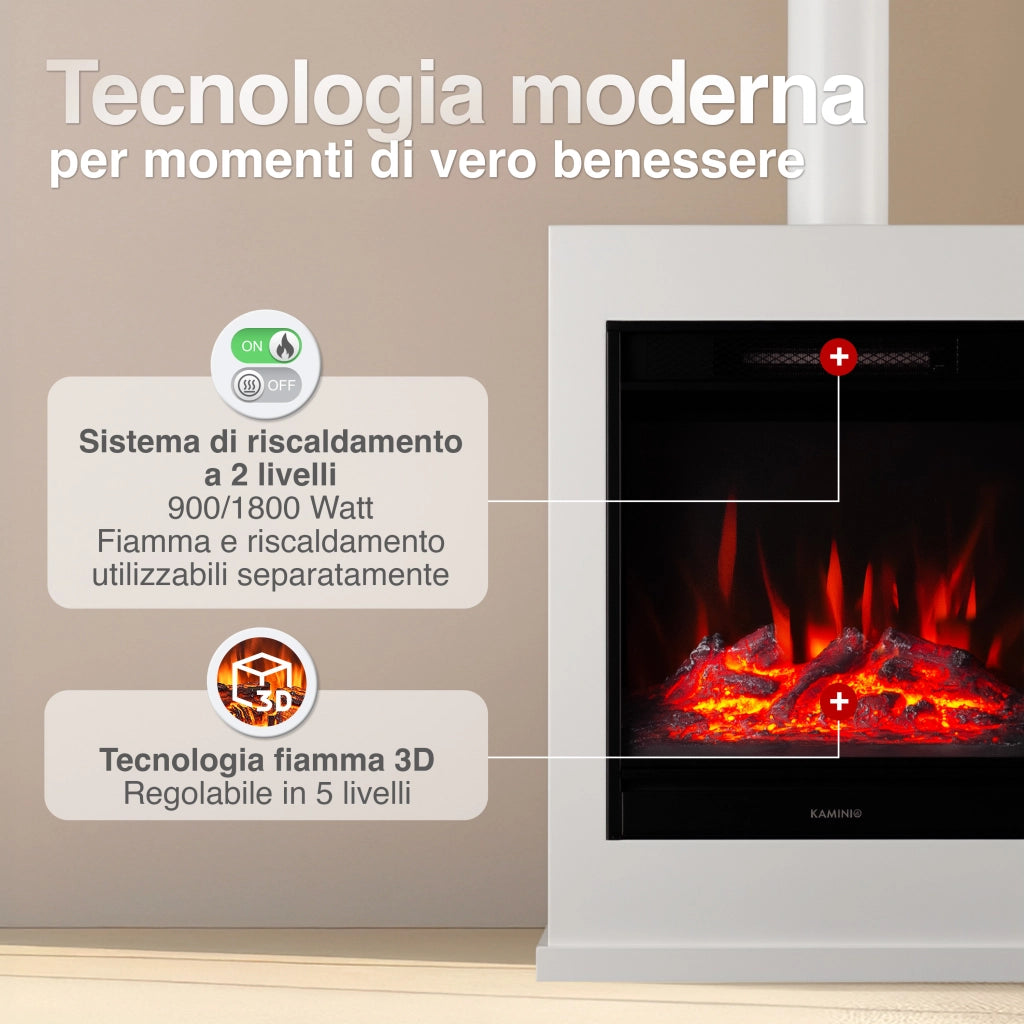 KAMINIO Camino elettrico KALLE con tubo del camino - Caminetto elettrico a pavimento con riscaldamento, effetto fiamma 3D, telecomando - Bianco