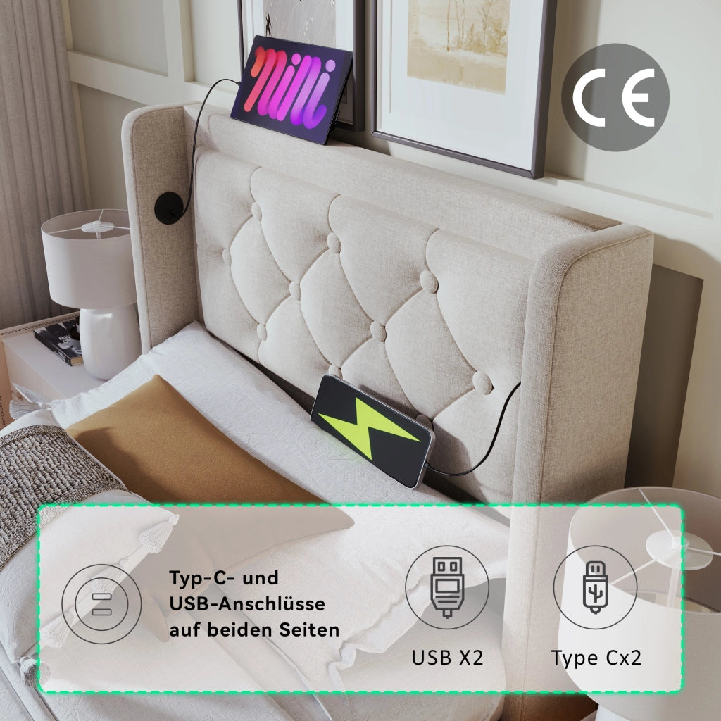 Letto singolo idraulico – 90x200 cm – USBC LED 3 lati – cotone beige
