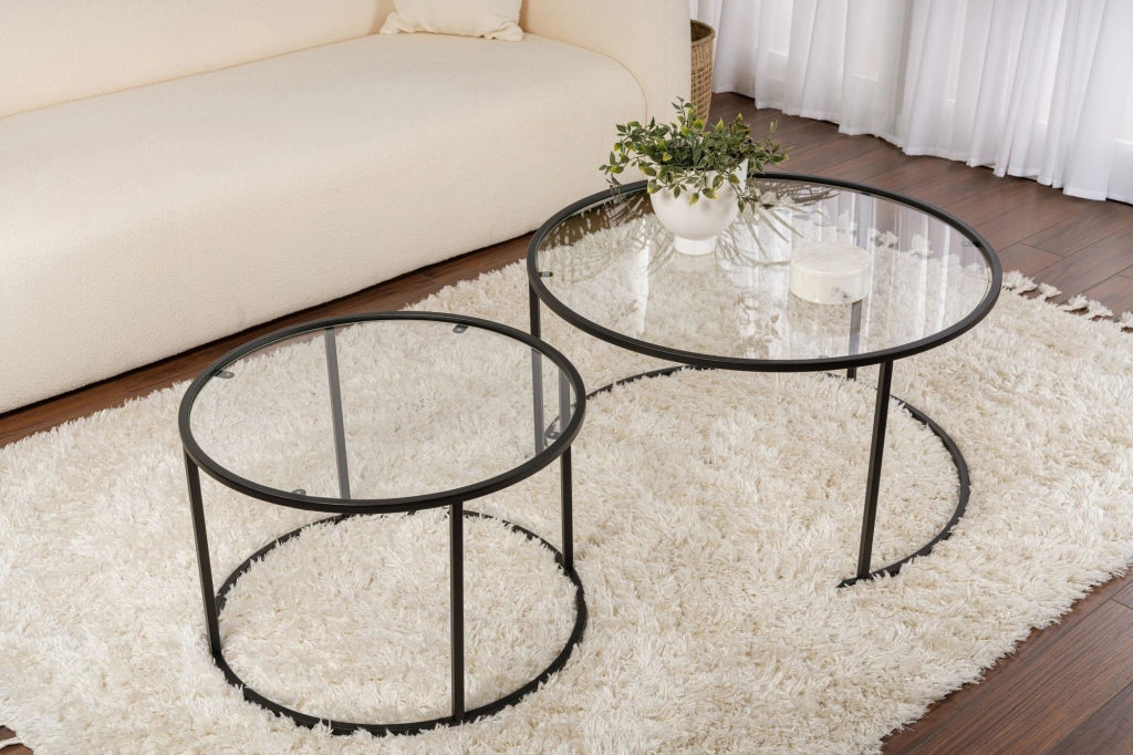 Set di 2 tavolini da caffè in metallo "Aurum" - 80 x 80 x 43 cm - Nero/Trasparente