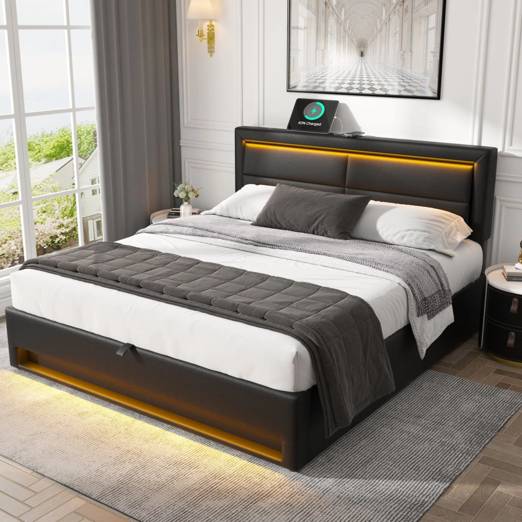 Letto matrimoniale – 140x200 cm – USB LED contenitore – PU litchi nero
