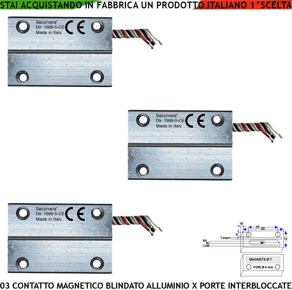 Sensore Magnetico Antifurto Porte Ferro Interbloccata Posizione Aperta o Chiusa 3 Pezzi Contatto Reed Campo 20 mm 5 Fili 3 Scambio C.NC.NA 2 Tamper Tensione Max 30 V 10 W Fissaggio Tramite Fori IP65