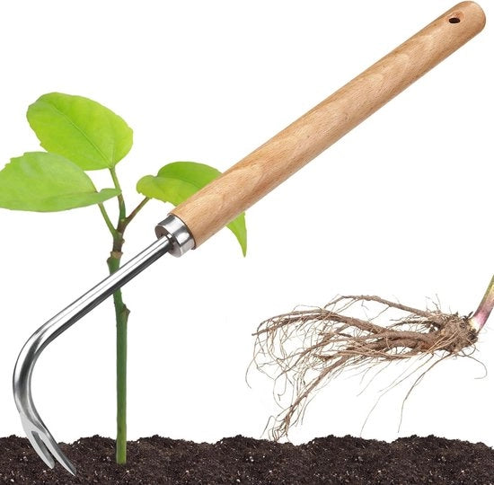 Strumento per la rimozione delle erbacce con uncino a V - Coltello per giardino in acciaio inossidabile duraturo con manico in legno di lunghezza estesa