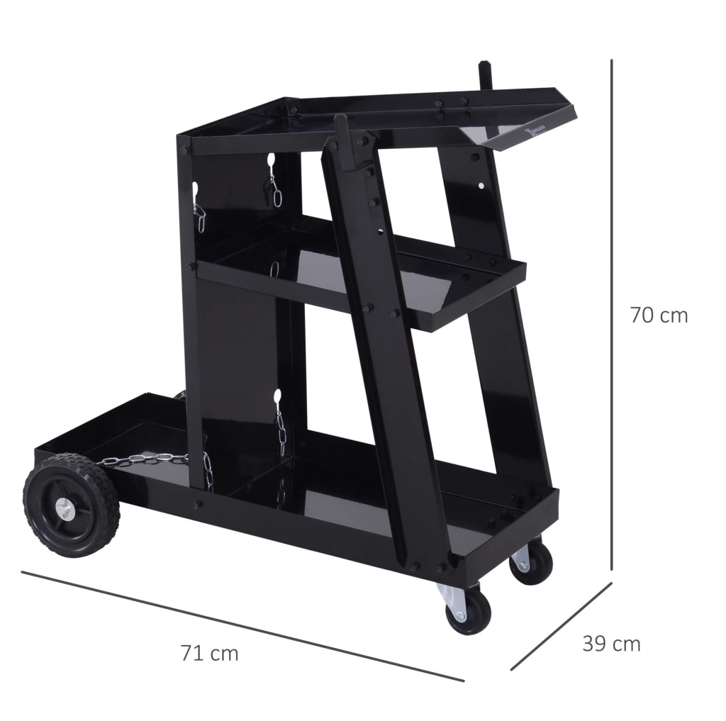Carrello per saldatura ULEVR 71x39x70 cm con 3 ripiani, catene di sicurezza e ruote in gomma, nero