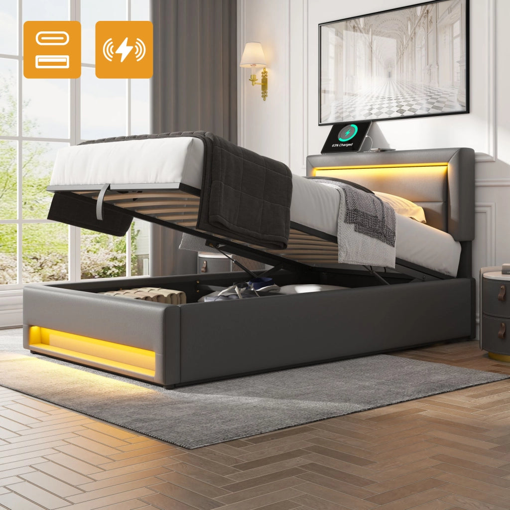 Letto imbottito con USB, LED e contenitore, 90 x 190 cm, grigio