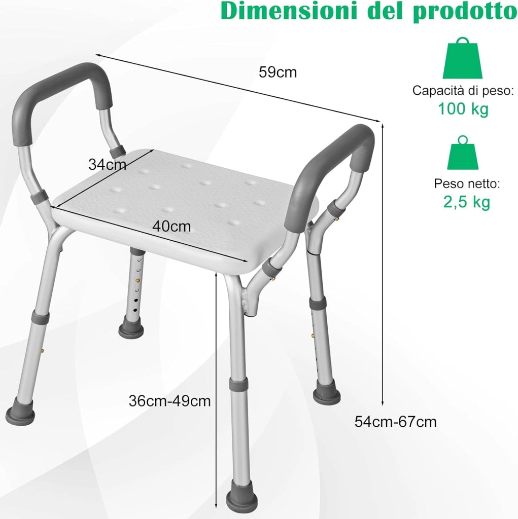 Sgabello Doccia Anziani 59 x 43 x 67cm, Sedia per Doccia Regolabile in 6 Altezze con Braccioli Imbottiti Staccabili e Piedini in Gomma Antiscivolo, Capacità di Peso 100 kg (Grigio)
