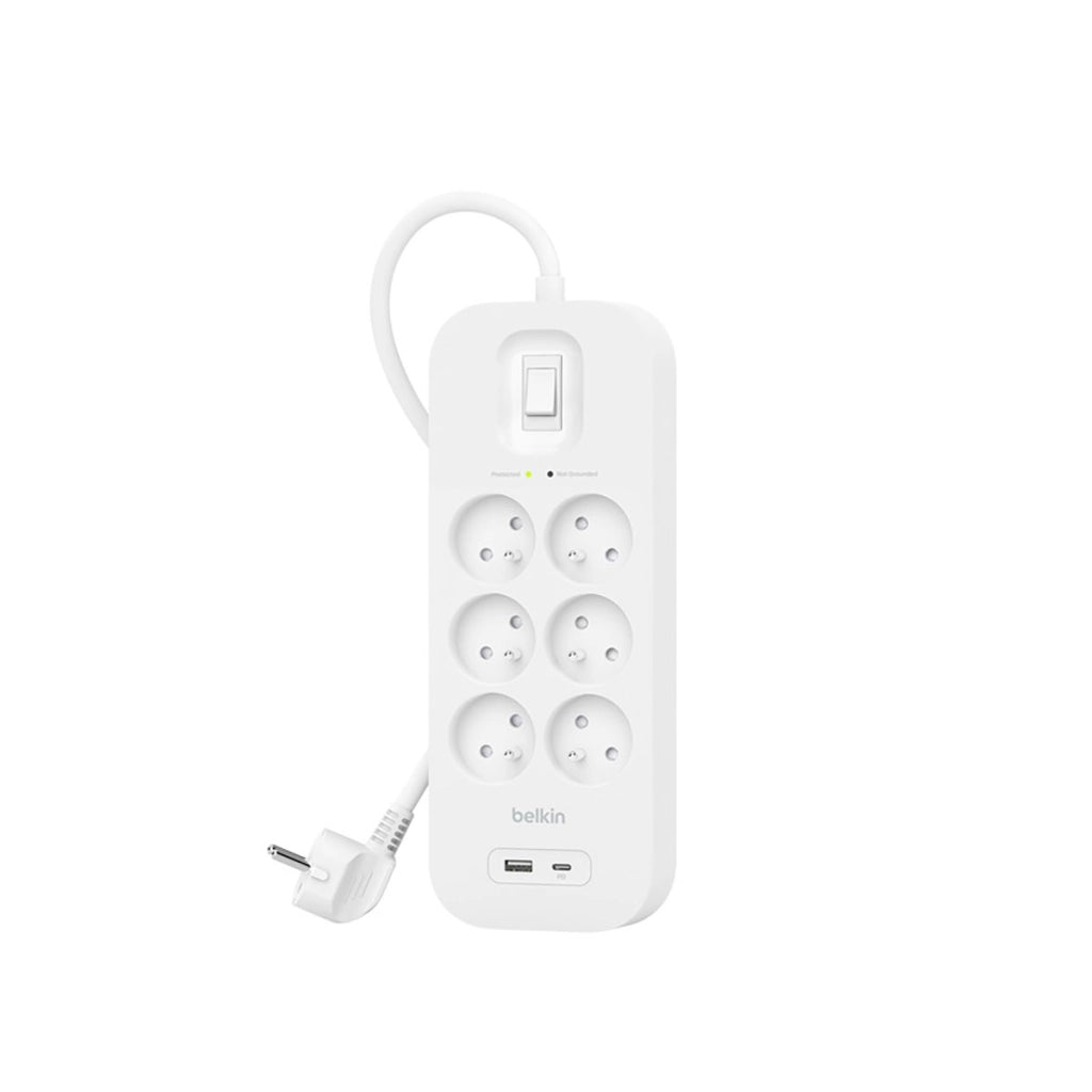 Striscia di alimentazione a 6 prese con protezione Lightning, USB e USB-C Bianco Belkin