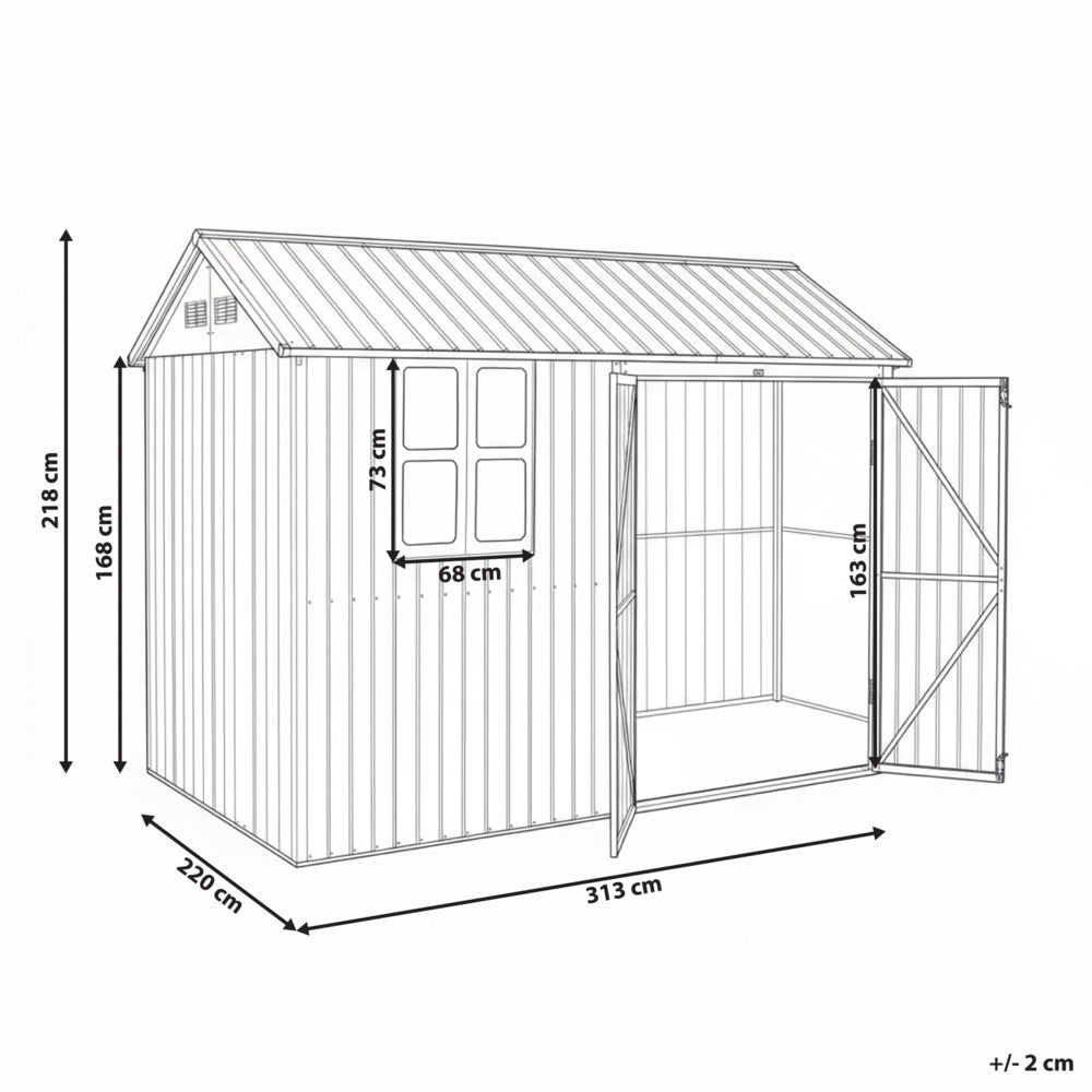 Capanno da giardino walk-in 300 x 235 cm in acciaio con chiusura a bullone resistente ai raggi UV impermeabile marrone