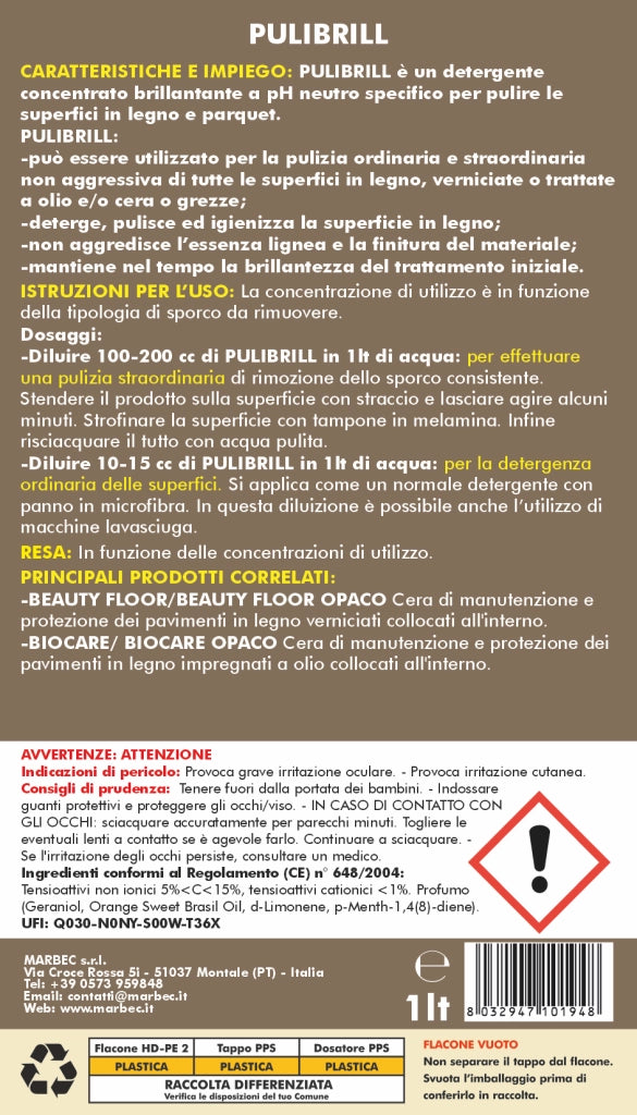 Come pulire il legno PULIBRILL   1LT + Tampone in Melammina