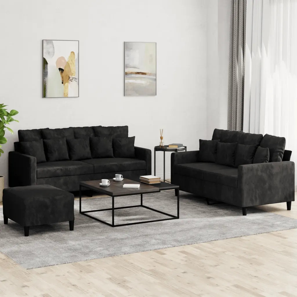 Set di Divani 3 pz con Cuscini Nero in Velluto