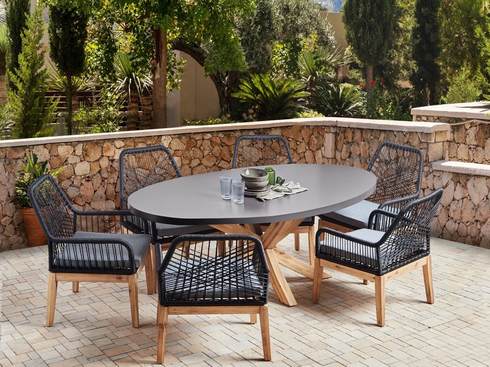 Set da pranzo da giardino con 6 sedie Grigio e nero Legno chiaro Cemento Acacia 190 x 100 cm Mobili da giardino