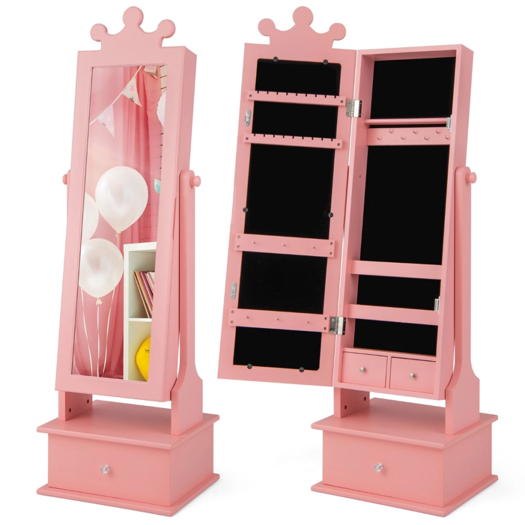 Armadio gioielli per bambini con specchio a tutta lunghezza 3 cassetti angoli regolabili, Specchio da toeletta Rosa