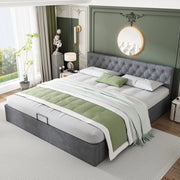 Letto matrimoniale imbottito in velluto grigio 180x200 cm con testiera trapuntata, rete a doghe e contenitore idraulico