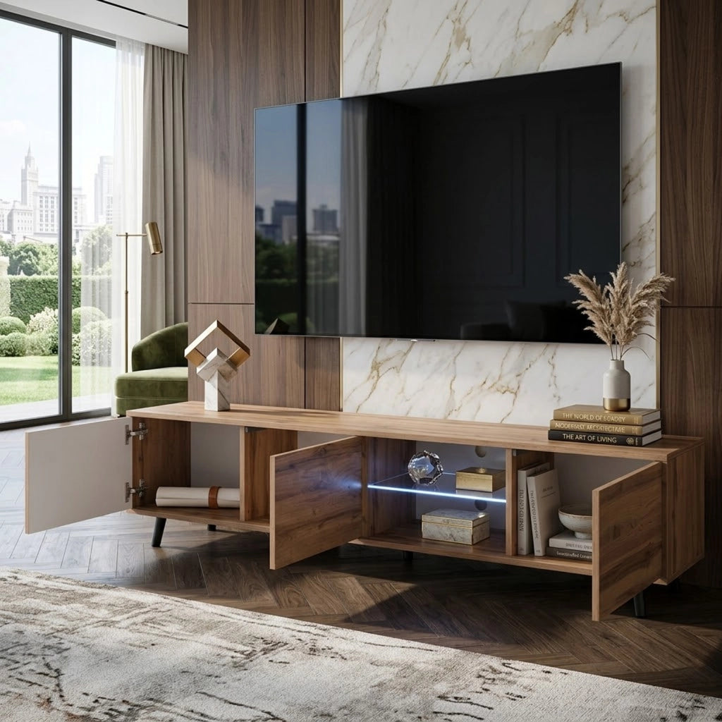 Porta Televisore Mobile TV Con 3 Ante Battenti Vano Centrale Ripiano In Vetro E LED In Melaminico Piedini In Metallo Per Soggiorno Salotto Zona Living 175 x 40 x 31.5 cm Rovere