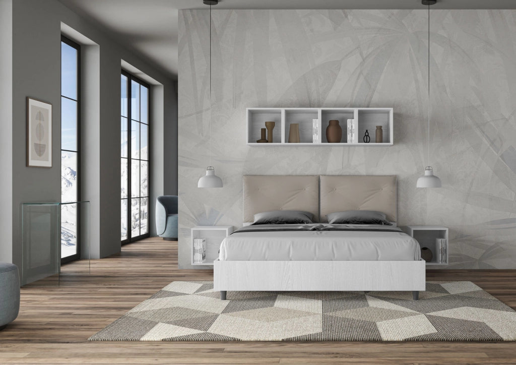 BS COM Letto matrimoniale senza rete 160x200 bianco frassino cuscini similpelle tortora