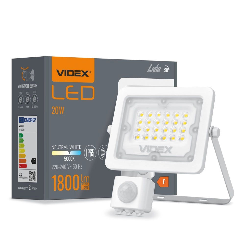 Faretto LED 20W PIR 5000K 1800lm IP65 Videx LUCA bianco