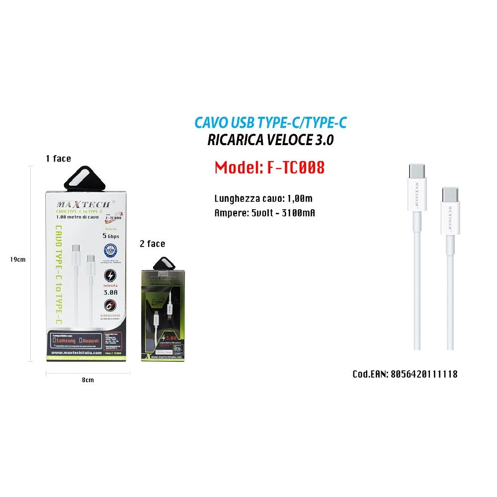 Trade Shop - Cavo Usb Type-c A Usb Type-c 3.0 1mt Compatibile Samsung Huawei Maxtech F-tc008 -