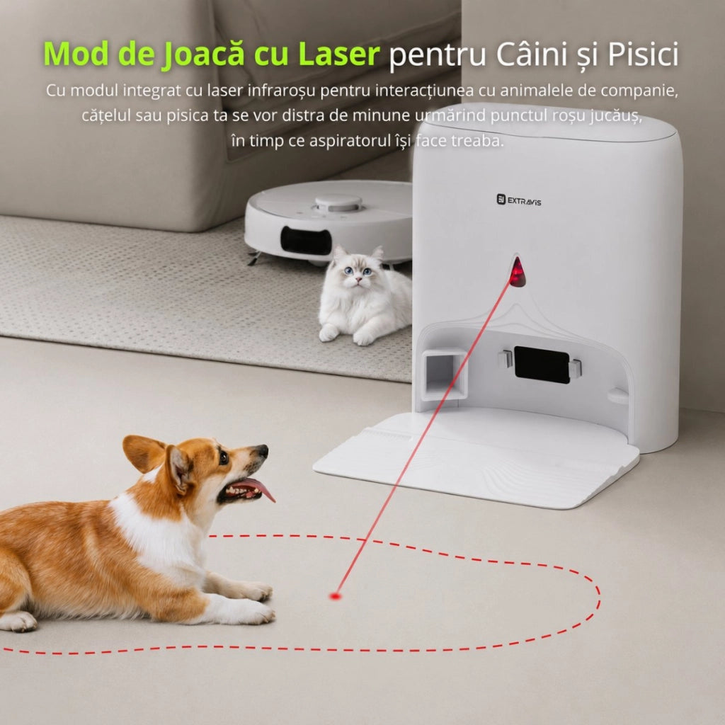 Aspirapolvere robot intelligente con funzione lavapavimenti (mop), potenza di aspirazione 8500 Pa, stazione di svuotamento automatico, navigazione laser LDS, batteria da 5200 mAh, spazzola anti-groviglio, controllo tramite app Wi-Fi Extravis.