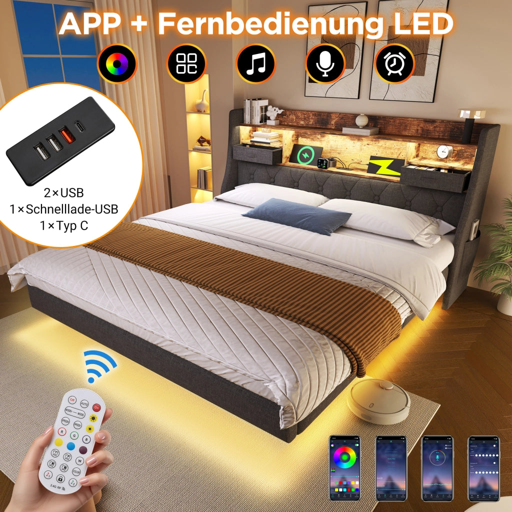 OKWISH Letto Imbottito 160×200 cm, Letto Matrimoniale con LED Regolabile, USB, Type C e Mensola Contenitore, senza Materasso, in Lino, Grigio