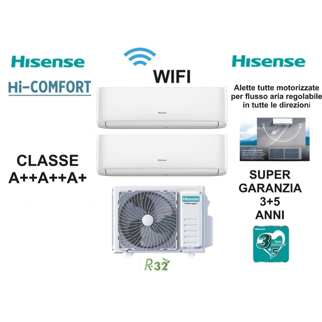 Hisense Climatizzatore Dual 7000BTU+7000BTU Pompa Calore A++/A+ WiFi Hi-Comfort Split Inverter 2AMW42U4RGC