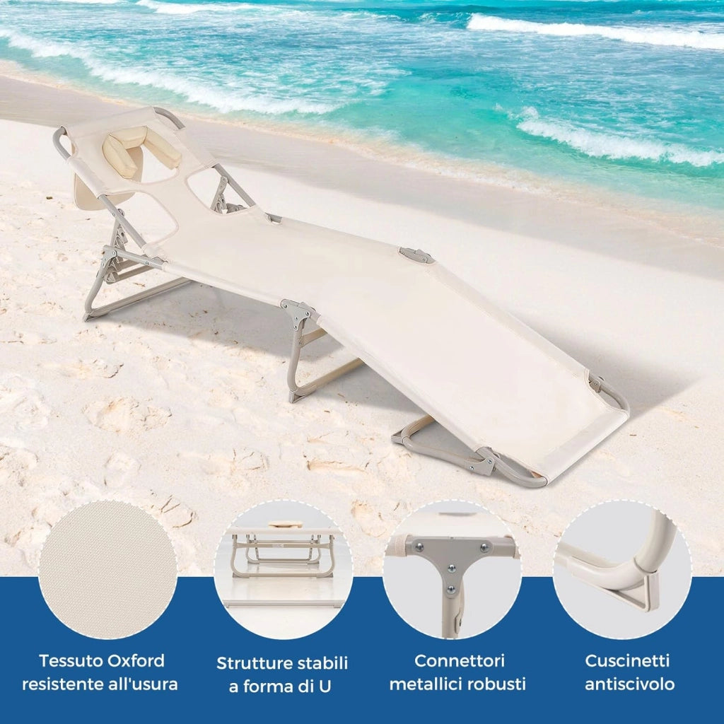 Lettino Prendisole con Fori per Viso e Braccia, Sdraio da Spiaggia Pieghevole con Schienale e Poggiapiedi Regolabili, Chaise Lounge per Esterni per Campeggio, Portata 200 kg, Beige