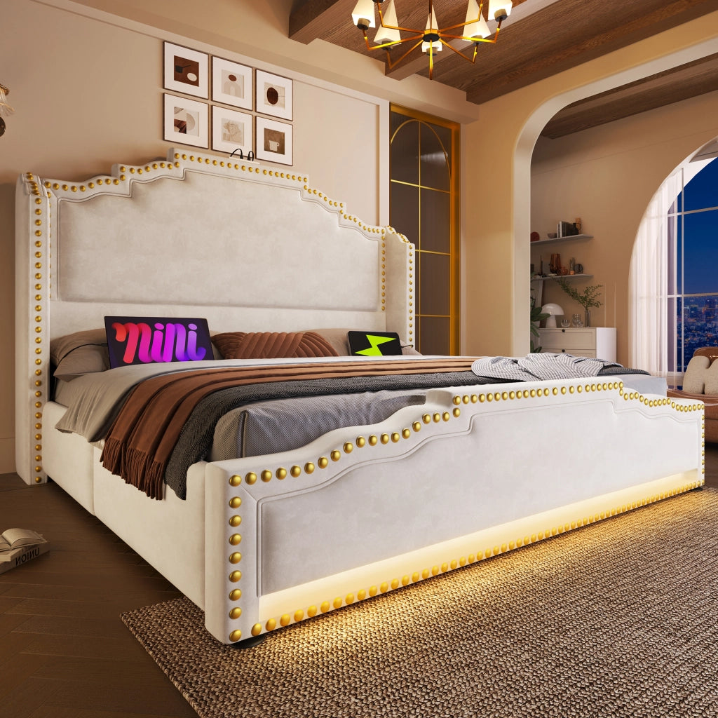 Letto matrimoniale – 140x200 cm – 4 cassetti LED USBC – velluto beige