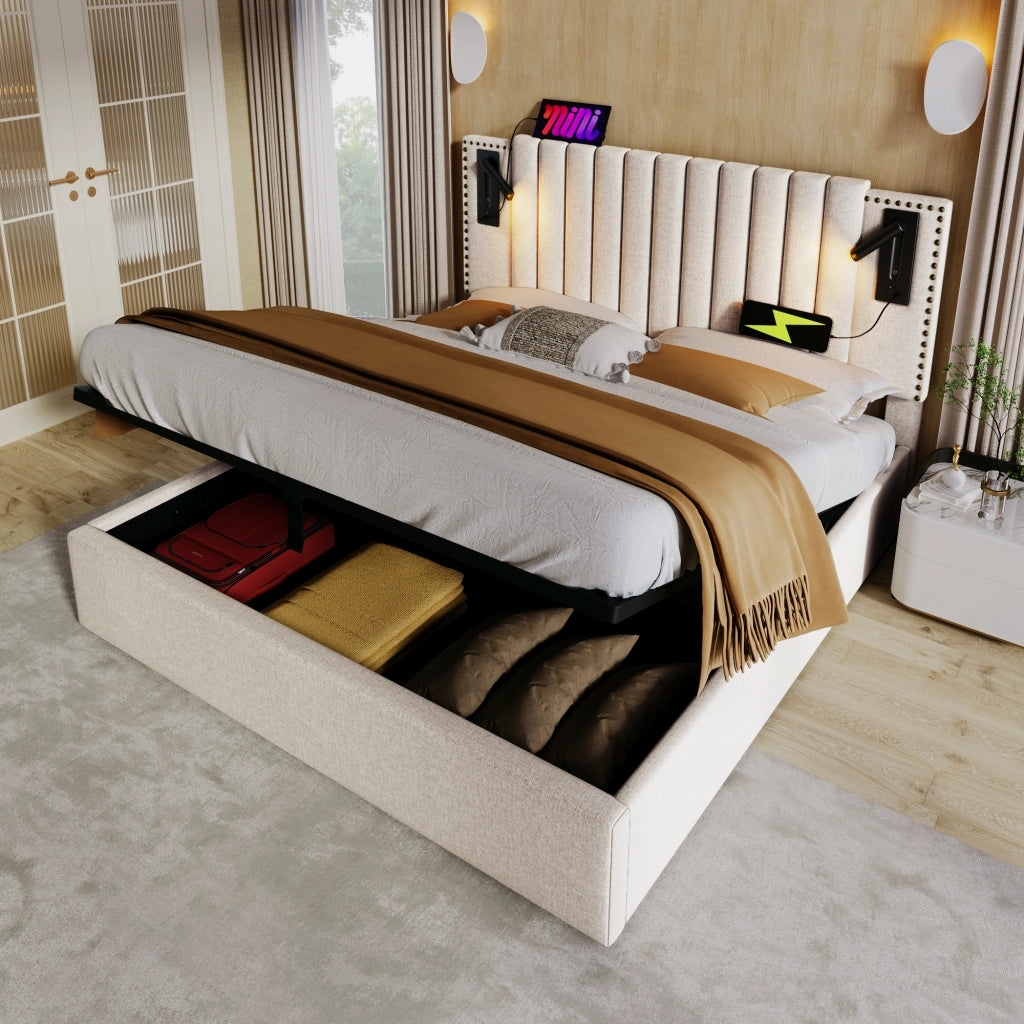 Letto matrimoniale – 140x200 cm – luce USB borchie rete – cotone beige