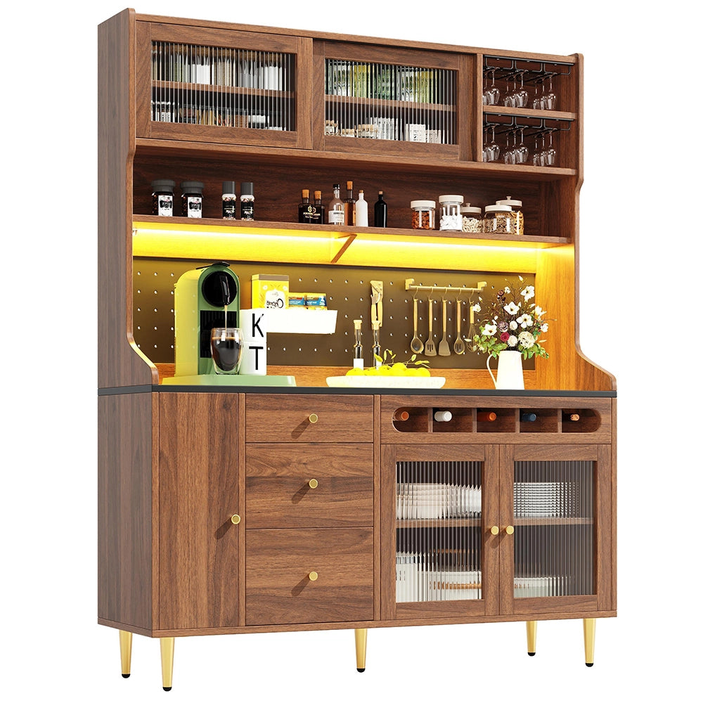 Armadio alto per soggiorno - Xylo - 145¡Á39¡Á171 cm - Noce - Ripiani regolabili, illuminazione LED, cassetto porta bottiglie