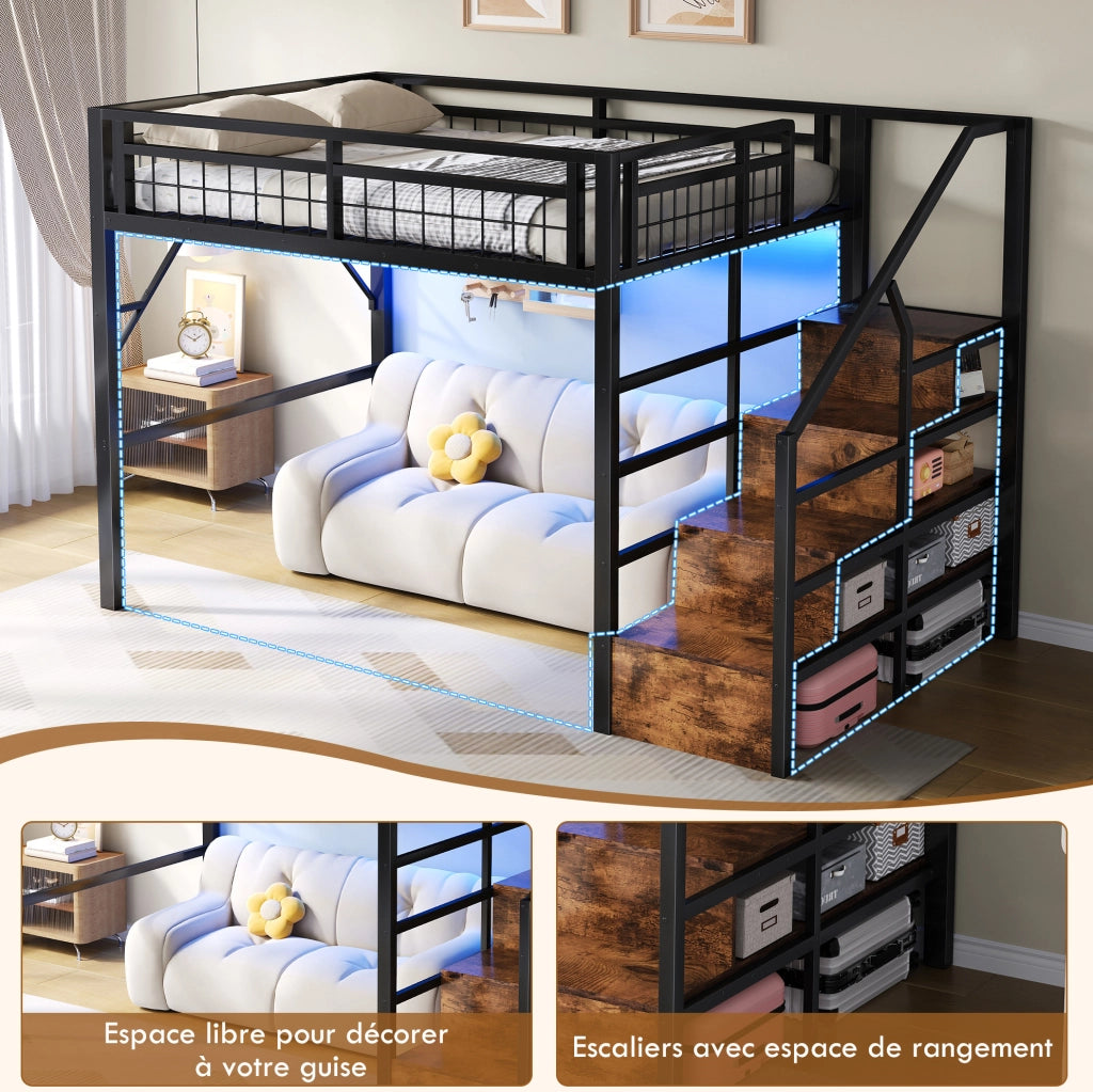 Letto a soppalco 140x200 cm con LED e scale contenitore nero